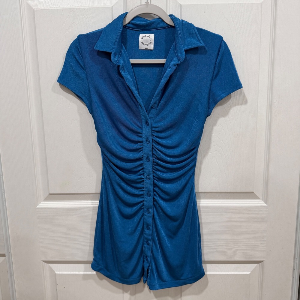 With Jean Andy Dress Teal Blue Ruched Button Down Mini Dress XXS